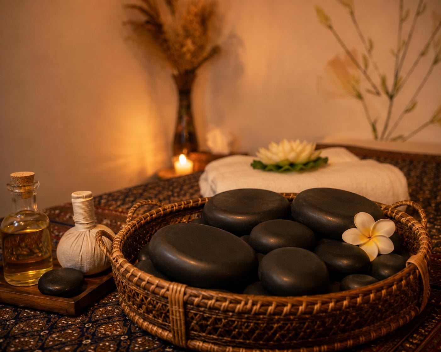 Korb mit Hot Stones, Öl und Kräuterstempel im Studio